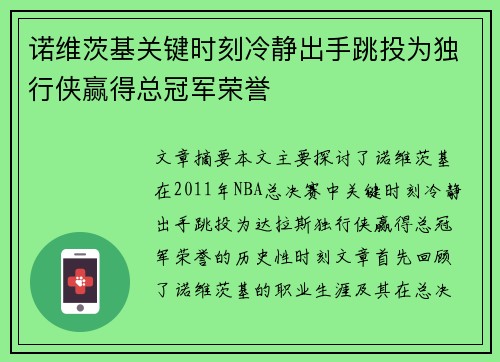 诺维茨基关键时刻冷静出手跳投为独行侠赢得总冠军荣誉